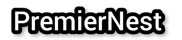 PremierNest logo in bold white text with black outline on white background